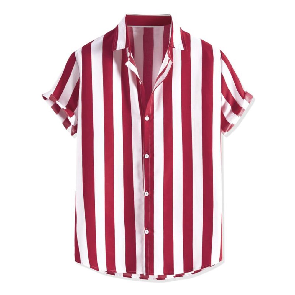 Stripe Shirt Short Sleeved Color Block Button Down Beach Shirt Red